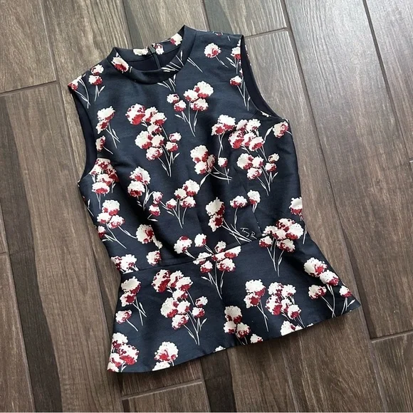 Tory Burch Kelly Floral Peplum Sleeveless Top Blouse Petrol Gray Field Flowers 4 - Picture 4 of 10
